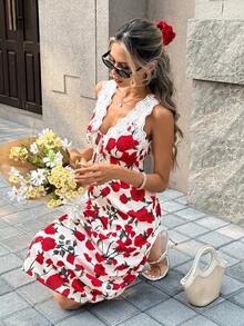 Pariaura 女士新款复古法式玫瑰印花蕾丝深V领连衣裙，修身约会连衣裙 - 紅色 - 查看 5