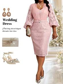 Fleurora Đầm dự tiệc công sở thanh lịch mùa Xuân, Hè, Thu và Đông cho nữ, đầm năm mới. Đầm ren dài tay màu hồng thanh lịch mùa Xuân, Hè, Thu và Đông cho nữ, đầm dự tiệc công sở năm mới, đầm năm mới, trang phục đi nghỉ mát, trang phục đi biển cho nữ, đầm đi biển, đầm dự đám cưới, đầm công sở thường ngày cho nữ, đầm dạ hội. - Hồng - Xem 2