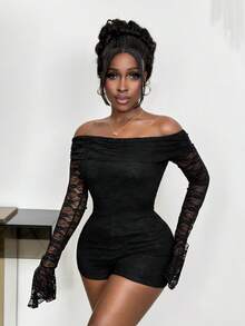 BamGleam 女士优雅纯色蕾丝露肩修身连体衣 - 黑色 - 查看 4