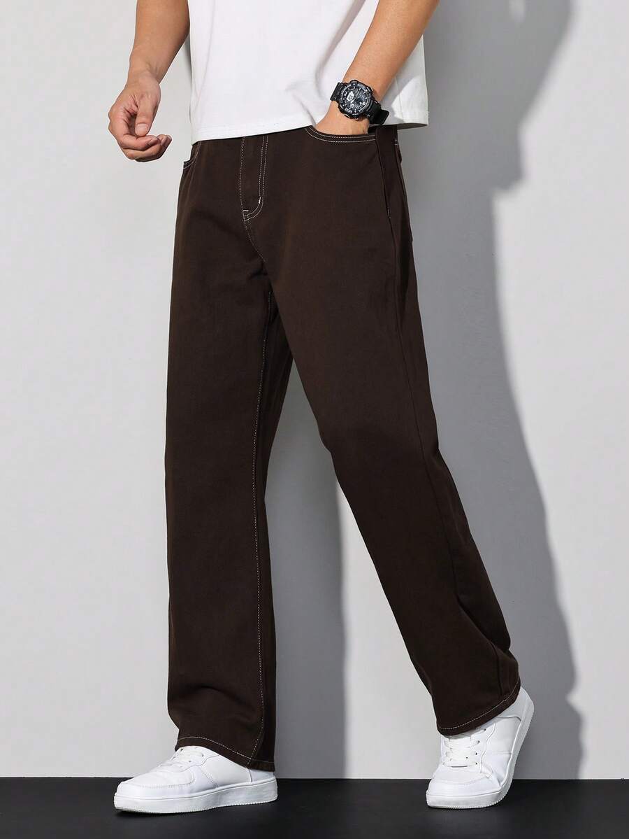 Manfinity Homme Loose Fit Men's Slant Pocket Straight Leg Jeans Straight Leg Pants Men - Brown - View 1