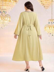 Al Najma Plus Size Women Elegant Party Ribbon Decor Arabic Style Dress - Lime Green - View 2