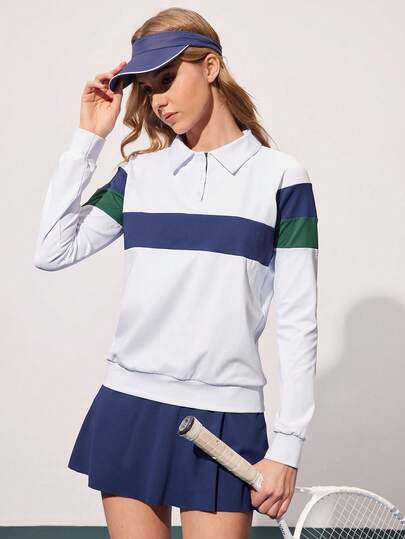 CourtClass Women's Contrast Color Button Long Sleeve Sporty Polo Shirt