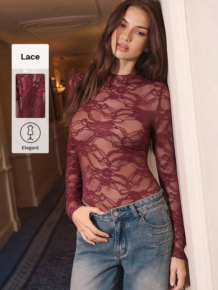 SHEIN Maija Outfit Women Purple Lace Bodysuit, Round Neck, Long Sleeve, Slim Fit, Waist Cinched, Suitable For Holidays Lace Long Sleeve See Through Outfit See Through Tops Valentine's Day Spring Outfit Women