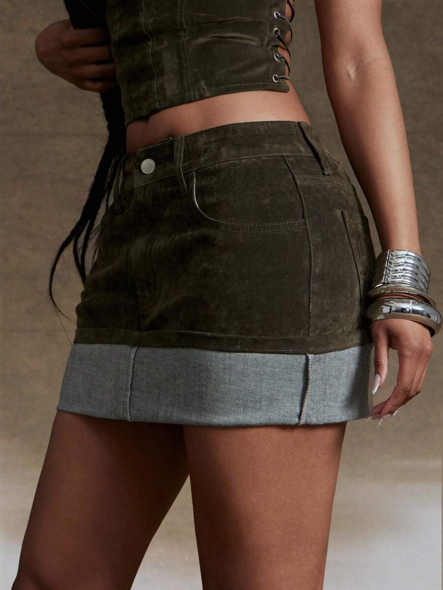 Denimoi Samt-Denim Mini-Denim Rock mit Umschlag, Herbst- und Wintermode - Armeegrün - Übersicht 1