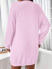 SHEIN LUNE Plus Size Soft Stretch Brushed Ribbed V-Neck Tie Front Long Sleeve Straight Knee-Length T-Shirt Dress, Elegant For Outings, Gatherings, Commuting, And Loungewear - Baby Pink - View 2