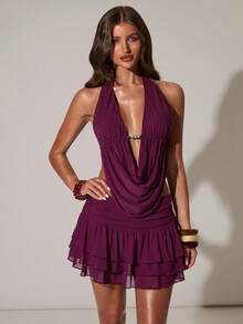 SHEIN BAE 两件套性感露背吊带短款上衣和荷叶边迷你裙套装，沙滩度假装，适合海滩、度假，珠饰点缀，适合与朋友外出、约会 - 淡紫色 - 查看 6