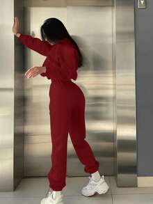BamGleam 巴黎简约数码印花正面休闲舒适百搭女士羊毛运动衫和裤子套装 - 酒紅色 - 查看 2