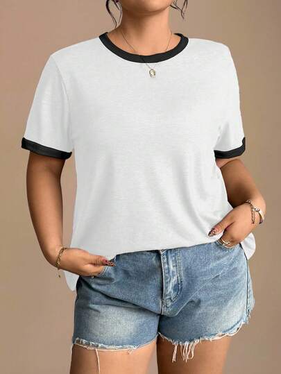 EMERY ROSE Plus Size Casual Colorblock Trim Short Sleeve T-Shirt, Summer Tshirts For Women Summer White T-Shirt Casual T-Shirt Women Tee Shirt Women's Tops Casual T Shirt Women Crew Neck T-Shirt