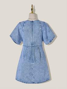 SHEIN MOD Women's Casual Washed Pleated Waist Denim Dress Blue Dress  Summer Dresses For Women Party Dresses Christmas Party Dress Elegant Dresses For Women Holiday Dresses For Women Women's Denim Dress Featuring A Flattering V-Neckline, Pleated Bodice, And Short Flowy Sleeves, Perfect Casual Style