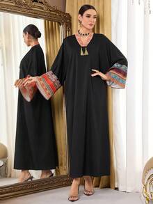 Al Najma Women's Patchwork Striped Print V-Neck Fringe Design Loose Arabic Dress Kaftan Jalabiya Dress - Black - View 2