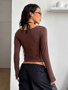 Coolane 女式冬季街头服饰复古休闲基本款针织弹力舒适棕色修身二合一挂脖圆领长袖上衣 - 棕色 - 查看 7