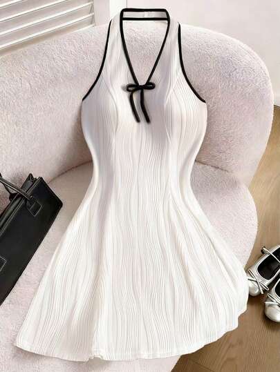 Franclia Women's Summer Fashion Daily Contrast Trim Bow Decor Halter Mini Dress