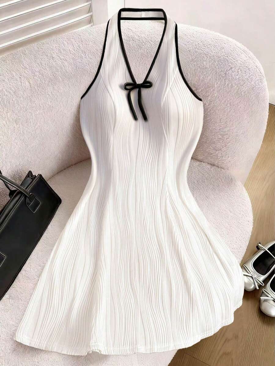Franclia Gaun Mini Halter Wanita Musim Panas dengan Hiasan Pita dan Trim Kontras - Putih - View 1