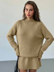 Aloruh Conjunto de 2 piezas de punto acanalado suave, suéter de cuello alto de manga larga y falda mini, conjunto casual de primavera para mujeres - Caqui - Ver 5