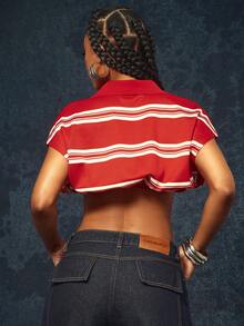 Denimoi Áo polo ngắn tay kẻ sọc, phong cách đường phố thời trang, áo crop top gợi cảm. - Đỏ và trắng - Xem 2