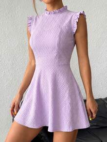 Vestido corto mujer textura ligera cuello alto sin mangas volantes falda linea A diseño elegante cómodo ideal para eventos casuales de primavera verano, tela ligera elegante ideal oficina eventos casuales o tener una cita preppy - Lila Púrpura - Ver 1