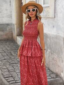 Brillora 女士波西米亚风印花两件套：宽松荷叶领上衣和松紧腰飘逸半身裙，春夏休闲度假装 - 紅色 - 查看 6