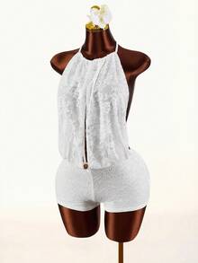 Amplova Women's Lace-Up Front Hollow Out Sexy Bodysuit Romper - White - View 7