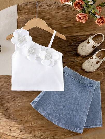 Conjunto de camiseta de punto sin mangas de unicolor con flores 3D y shorts vaqueros de cintura elástica, informal, para uso diario, vacaciones, apropiado para el hogar, salidas y verano