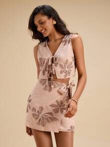 Travachic 女士印花前系带无袖上衣和侧结裹身中长裙时尚套装 - 卡其色 - 查看 5