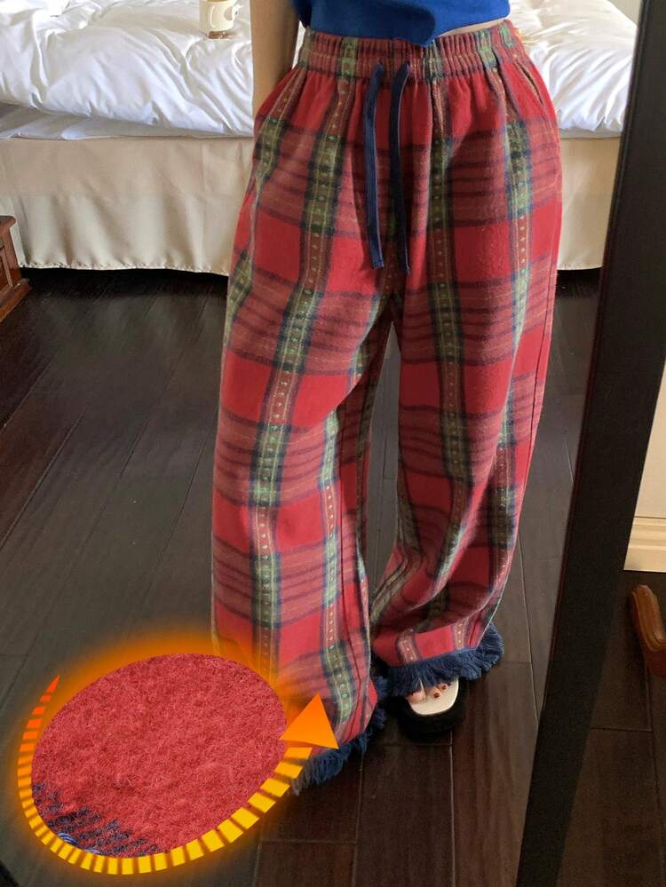Plaid Polka Dot Fringe Hem Loose Women Pajama Bottoms