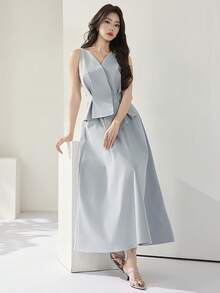 Heiryn 女士优雅通勤纯色束腰无袖上衣和半裙两件套 - 藍色 - 查看 6