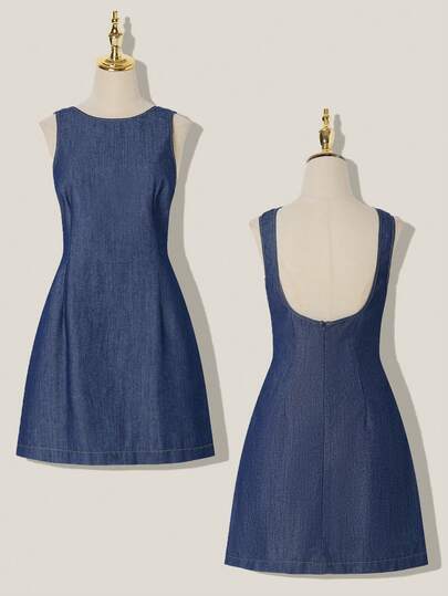 SHEIN MOD 女士休闲水洗无袖露背牛仔连衣裙 蓝色连衣裙 夏季连衣裙 派对连衣裙 圣诞派对连衣裙 优雅连衣裙 假日连衣裙 女士经典牛仔迷你连衣裙 无袖深V露背夏季休闲牛仔吊带裙