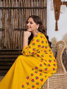 SHEIN Najma Plus Size Women's Floral & Botanical Digital Print Ruched Waist Midi Dress With Flared Hem, Spring Long Sleeve - Multicolor - View 3