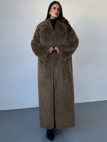 Firerie Thick Loose Oversized Faux Fur Collar Long Coat, Lined, Vintage Luxury Extra Long Jacket, Apricot Fuzzy Long Sleeve Outerwear, Apricot Faux Fur Coat, Suitable For Wedding, Party, Holiday, Spring/Autumn/Winter, Elegant, Commute, Date, Party, Graduation, Performance, Concert, Work Event - Coffee Brown - View 6