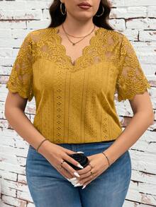 SHEIN Clasi Plus Size Summer Solid Color Contrast Lace Hollow Out Embroidery T-Shirt - Yellow - View 4