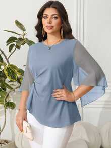 Reflora Plus Size Women's Elegant Chiffon Ruffle Sleeve Slim Fit Blouse, Spring/Summer - Dusty Blue - View 4