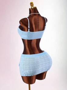 Amplova Set de 2 piezas con top de tirantes finos con nudo delantero y cárdigan de manga corta con minifalda de punto para mujer en verano - Azul - Ver 10
