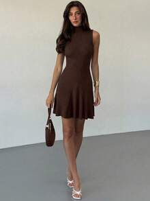 Aloruh Minimalist High-End Brown Sleeveless Stand Collar A-Line Mini Ribbed Knit Dress, Spring/Summer,Spring Outfit Women,Spring Break Outfits - Coffee Brown - View 4
