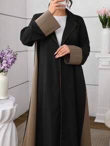 Al Najma 中东迪拜风格时尚通勤撞色滚边长款开衫罩袍外套，女士款 - 黑色 - 查看 5