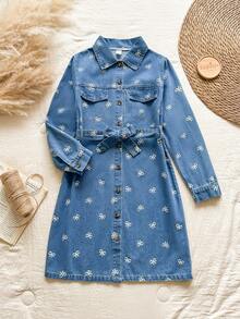 SHEIN Girls' Spring & Autumn Lapel Long Sleeve Fashionable Western-Style Washed Denim Dress, Suitable For Attending Friend Gatherings, Traveling, And Leisure Wear - Blue - View 5
