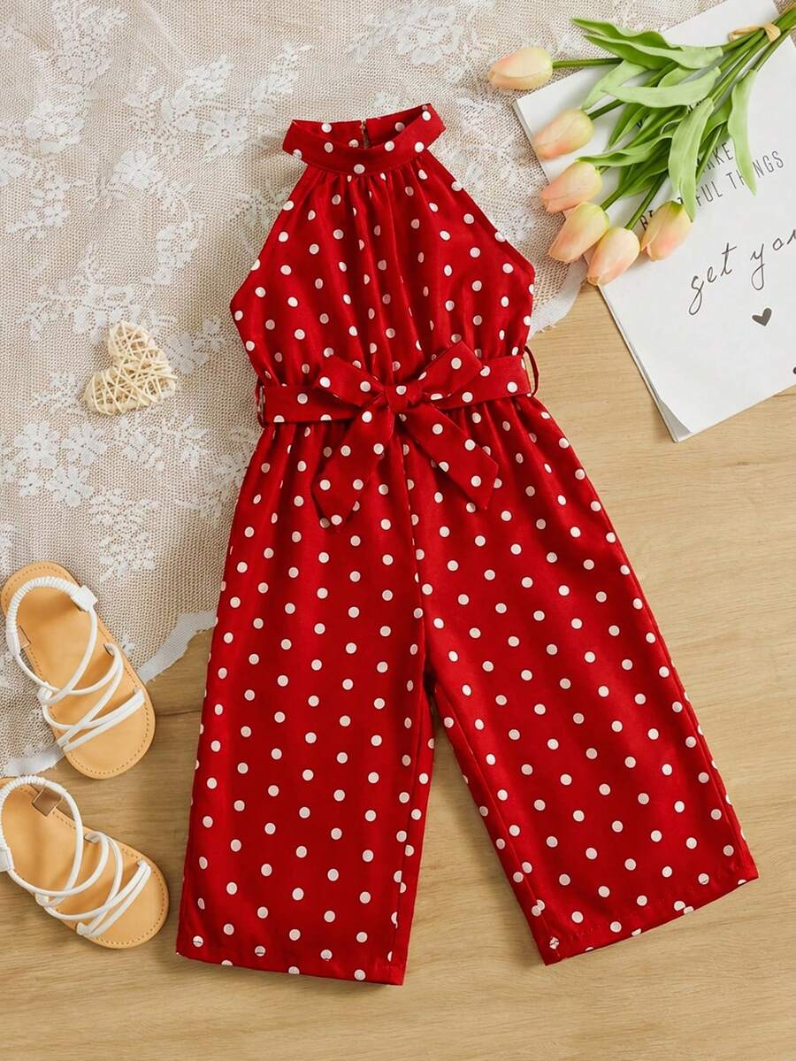 SHEIN 女婴休闲波点无袖连体衣，带小立领 - 紅色 - 查看 1