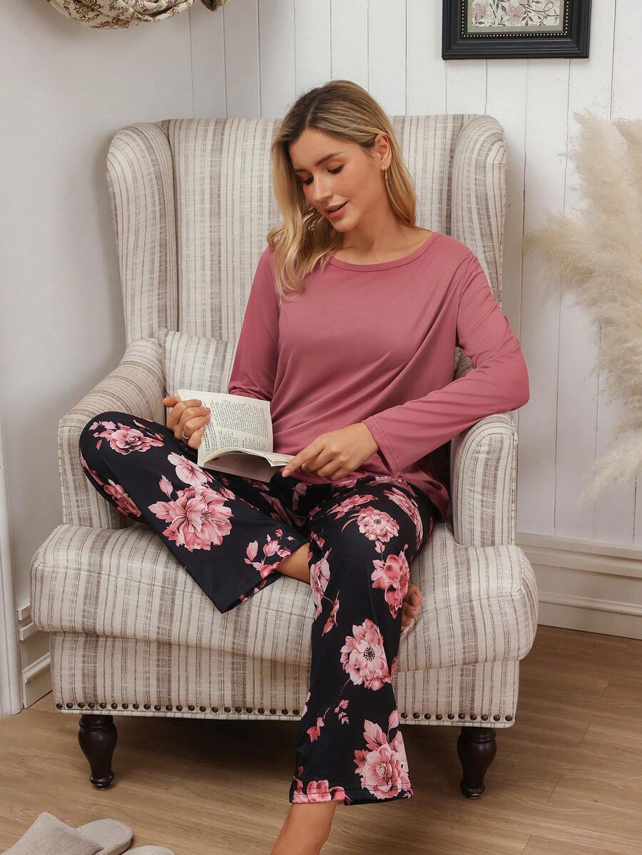 SHEIN Doze Lane Conjunto de pijama de manga larga con estampado floral para mujer, informal - Multicolor - Ver 1