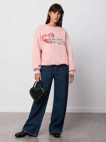 SURIMA 休闲简约印花圆领加厚宽松女式卫衣 - 淺粉色 - 查看 1