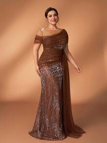 Serin 大码优雅奢华咖啡色亮片刺绣网纱拼接单肩不规则褶皱鱼尾连衣裙，适合晚宴、婚礼、盛会、度假等场合。 - 咖啡棕 - 查看 8