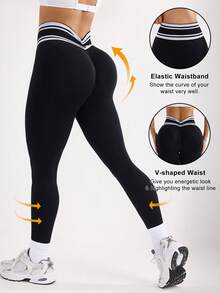 With My Calm With My Calm Women's Solid Color High Waist Elastic Leggings V-Shaped Waist Leggings Active Wear Bottoms Sports Leggings - Black - View 1