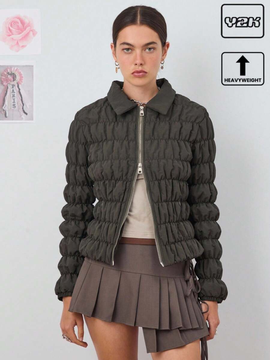 COUREZ Chaqueta acolchada ajustada con fruncidos / Tops de salida lindos de primavera para mujer estilo Y2K - Verde Oscuro - Ver 1