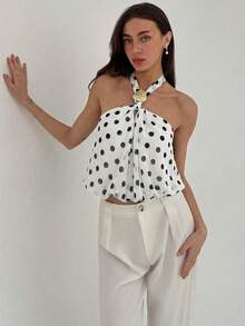 Aloruh Áo hai dây cổ yếm buộc dây đơn giản chấm bi trang trí kim loại mới dành cho nữ, thích hợp mặc đi làm. - trắng - Xem 7