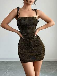 Mujer vestido sexy fiesta brillante textura plisada tela elástica ajustado tirantes finos escote recto espalda descubierta verano club mini vestido,Vestido corto, brillo, lazo, espalda descubierta, escote, ajustable - Negro - Ver 1