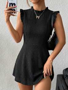 Vestido corto mujer textura ligera cuello alto sin mangas volantes falda linea A diseño elegante cómodo ideal para eventos casuales de primavera verano, tela ligera elegante ideal oficina eventos casuales o tener una cita preppy - Negro - Ver 3