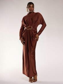 Normani Abito lungo elegante da donna per vacanze, a tinta unita, con maniche lunghe, decorato con elementi metallici, aderente, lungo e maxi, adatto per vacanze, matrimoni, cerimonie, lauree, feste - Caffè - Visualizzare 3