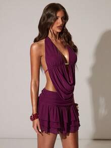 SHEIN BAE 两件套性感露背吊带短款上衣和荷叶边迷你裙套装，沙滩度假装，适合海滩、度假，珠饰点缀，适合与朋友外出、约会 - 淡紫色 - 查看 5