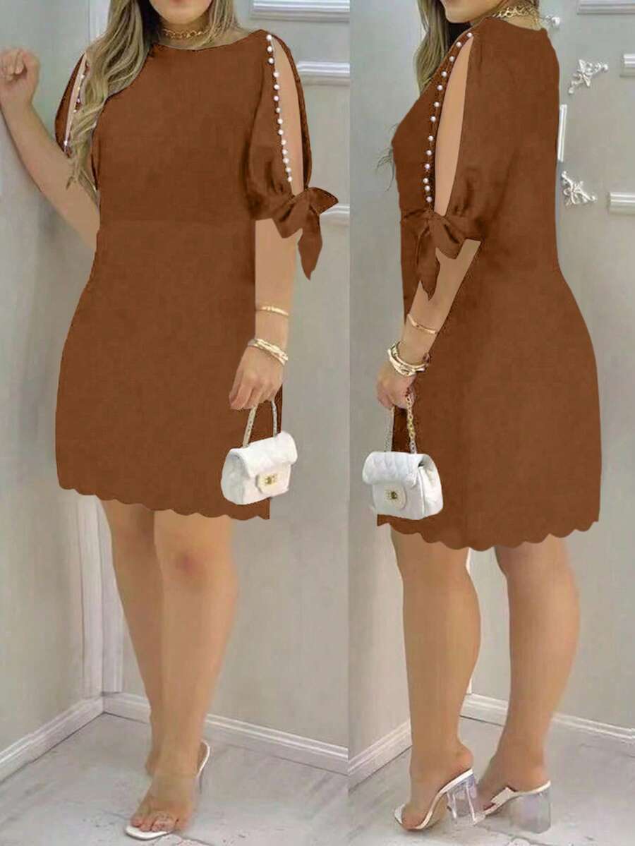 Elenzga Women's Simple Solid Color Faux Pearl Beaded Shell Hem Casual Dress, Summer - Brown - View 1