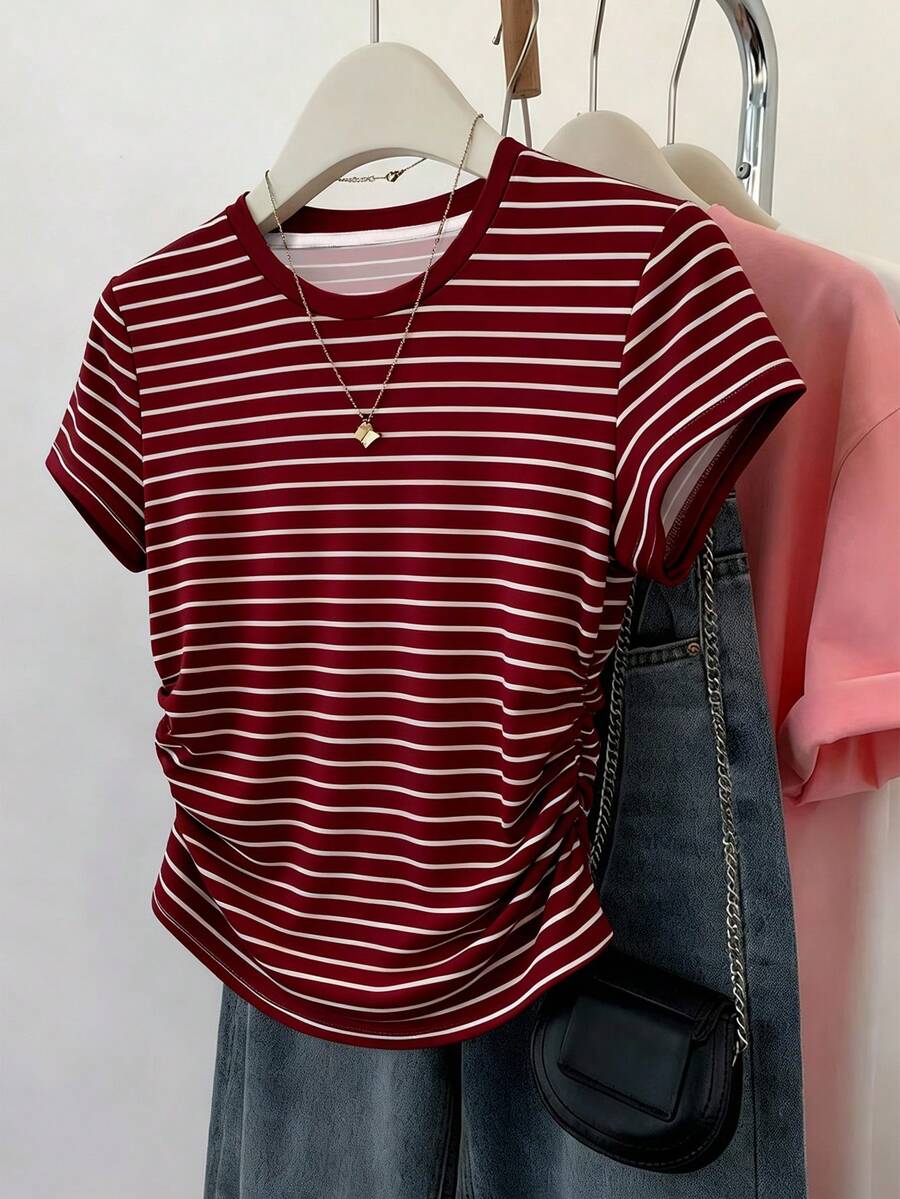 Resyla 条纹数码印花休闲女式T恤，抽绳腰带，送朋友的好礼物