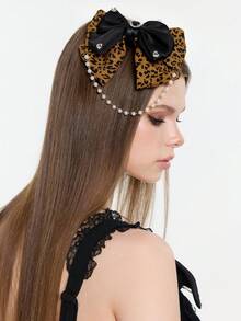 ROMWE Goth 1个Y2K时尚豹纹浪漫爱心极简发夹，适合大学、音乐节、约会等场合。 - 棕色 - 查看 4