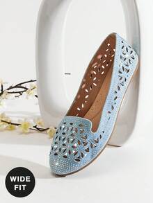 SHUZIA Women's Round Toe Laser-Cut Rhinestone Blue Slip-On Loafer Flat–Breathable, Sparkly & Comfortable Valentine's Day - Baby Blue - View 3